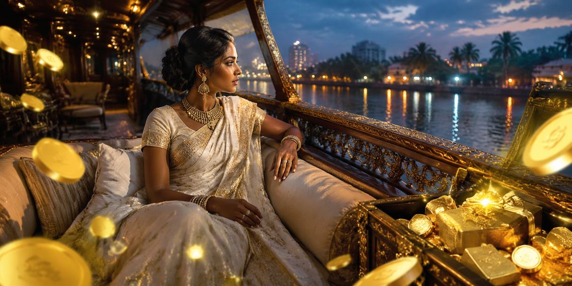 Indian woman using mobile wallet in Kerala's backwaters to deposit funds for online lottery