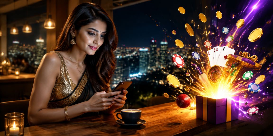 A happy Indian woman registering for lottery on a mobile phone in Pune